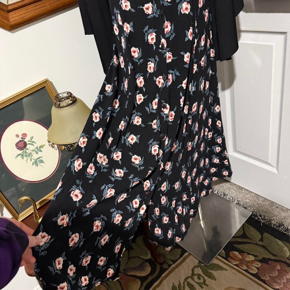 VTG 90s Krush of California Black & Pink Floral Pattern Ribbed Button Maxi Skirt - Picture 2 of 8